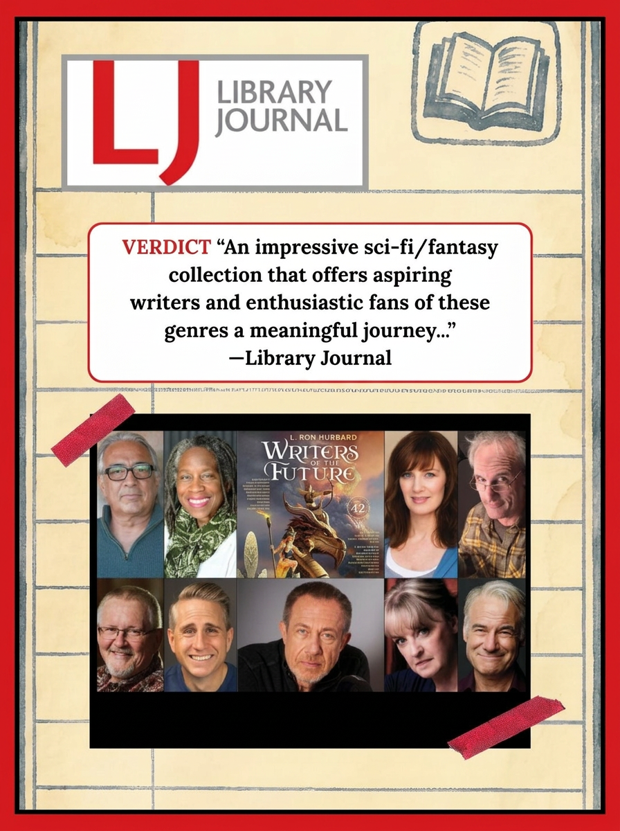 SLide 2_FINAL Slide 2 Alt Text: A graphic styled like a vintage library card showing headshots of the full narrator cast and the Library Journal verdict review quote.